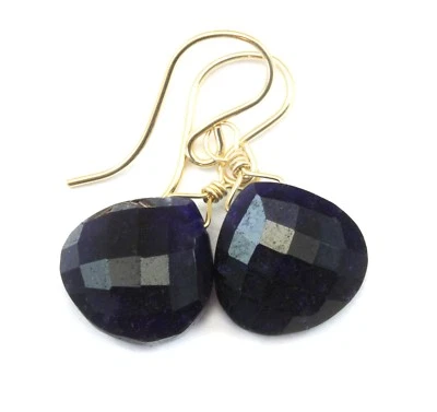 Pendientes de zafiro azul corazón facetado lágrimas simples gotas de oro de ley de 14 k Foto 1 de 4