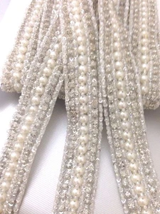 1Yard Ivory Pearl Beaded Daimonte Bridal Wedding Applique Trim Edging Costume - Picture 1 of 9