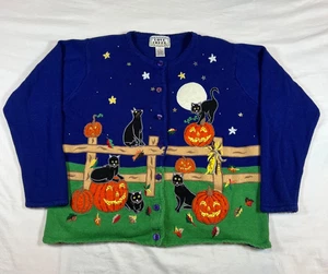 Cove Creek Halloween Large Blue Button Cat Pumpkin Night Halloween VTG Sweater - Picture 1 of 23
