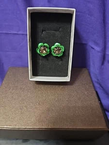 Tan Swarovski Element with Green Rosette Pierced Earrings - Picture 1 of 1