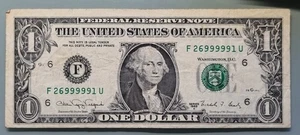 1988 A One Dollar Federal Reserve Note $1 FANCY SERIAL NUMBER F26999991U #96355 - Picture 1 of 2