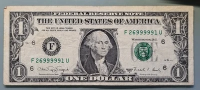 1988 A One Dollar Federal Reserve Note $1 FANCY SERIAL NUMBER F26999991U #96355 - Image 1 of 2