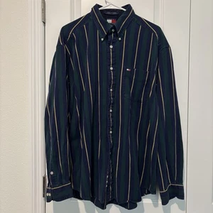 Tommy Hilfiger Shirt Mens XL Blue Green Stripe Thick Cotton Corduroy Trim - Picture 1 of 8