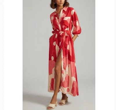 Maxi Vestido Camisa Maeve x Anthropologie 2X The Mona Mezcla de Lino Cinturón Rojo Rosa Foto 1 de 4