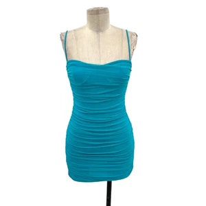 Superdown Emmie Mesh Mini Dress Ruched Turquoise Blue Size XS - Picture 1 of 13