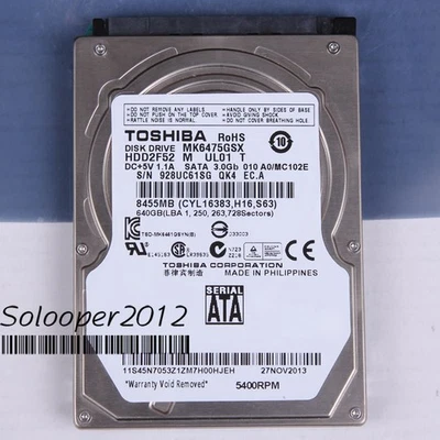 For TOSHIBA MK6475GSX 640 GB HDD 2.5" 8 MB 5400 RPM SATA Hard Disk Drive - Image 1 of 2