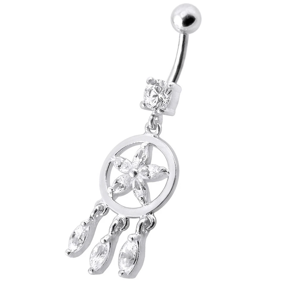 Sterling Silver Flower Belly Bar Clear Crystal Droplets Navel Ring - Image 1 of 1