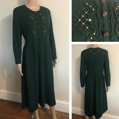 vtg 1996 SUSAN BRISTOL Midi Dress Sz L Green Celtic Wool Blend Beaded Hong Kong - Image 1 of 4