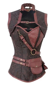 Corsé 2XL Acero Deshuesado Steampunk Marrón Brocado Cuello Alto Correa Bolsillo Encogerse de hombros - Imagen 1 de 3