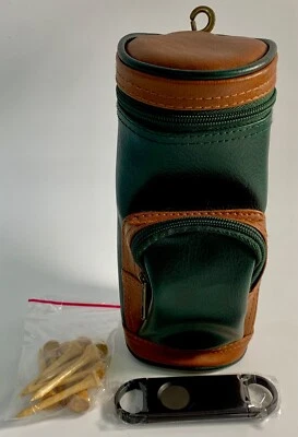 "BOLSO DE TRANSPORTE MINI de pelotas de golf de cuero J&K verde y marrón 8"" con cortador de cigarros de colección" Foto 1 de 4