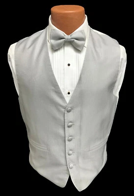 Men's Platinum Light Silver Tuxedo Vest & Tie Bow or Long Herringbone Pattern - Image 1 of 3