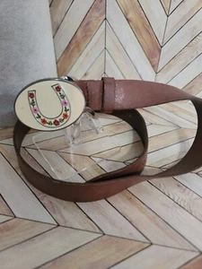 Girls Boho Flowers Horseshoe Buckle 2.5x1.25 Brwn Genuine Leather Belt Sz 5-7 - Picture 1 of 9