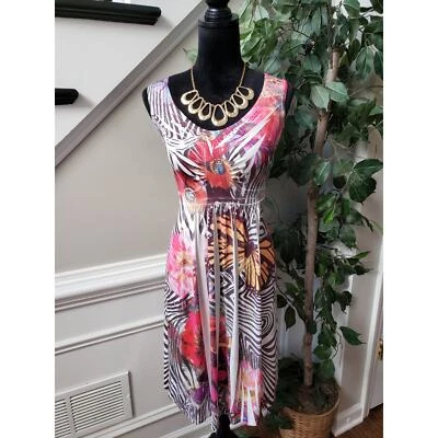 Unity World Wear Knee Length Dress Womens Large Multi Floral Beaded Round Neck Foto 1 de 4