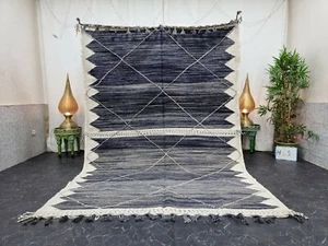 Moroccan Handmade Kilim Zanafi  6'5''x9'6'' Berber Geometric White Dark Blue Rug - Picture 1 of 12