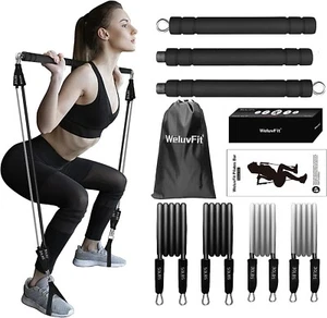 Pilates Bar Kit with Resistance Bands, WeluvFit Exercise Fitness Black  - Picture 1 of 7