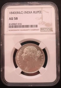 1840 India Rupee , NGC AU58 , nice silver coin #1756, #55-3 - Picture 1 of 4