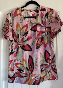 Koi Pink Geometric Floral Design Scrubs W/Two Slant Side Pockets & Elastic Back - Picture 1 of 5