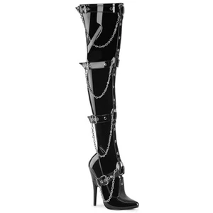 6" Black Latex Fetish Harness Chains Dominatrix Mens Drag Queen Thigh High Boots - Picture 1 of 5