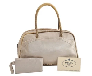 Authentic PRADA Vintage Satin Leather Hand Boston Bag Pouch Purse Beige 3904M - Picture 1 of 10