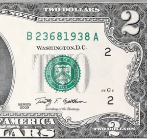 TRAILING YEAR 1938 (B 2368 1938 A) $2 Two Dollar Bill Serial Number 2009 *UNC* - Picture 1 of 3