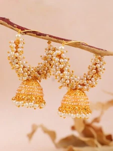 Indian/Pakistani Gold Plated Pearl Hoops Big Jhumki Jhumka Earrings for Women - Picture 1 of 8