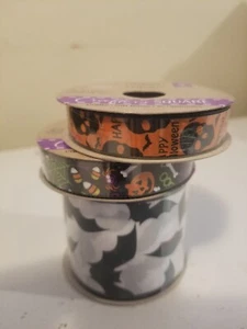 3 Rolls 2-5/8" & 1-2.5" Crafters Square Ribbon Happy Halloween Bats Skulls New  - Picture 1 of 8