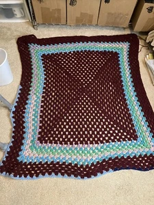 Handmade Granny Crochet Knitted Afghan Lap Blanket Burgundy Blue Green Pink - Picture 1 of 5