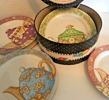 New ListingVtg Mary Engelbreit Boxed Set 4 Tea Time Porcelain Luncheon Plates Tea Pots Nos