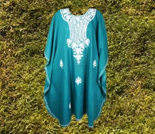 Women Teal Blue Embroidered kaftan, Loose Travel Bohemian Caftan MidiDress 4XL