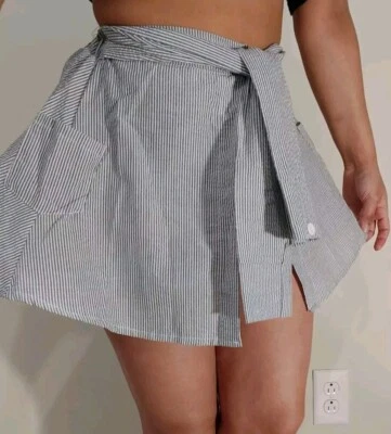 Women Handmade Skort White And Blue Pinstripe Cotton Fabric Elastic Waistband Foto 1 de 4