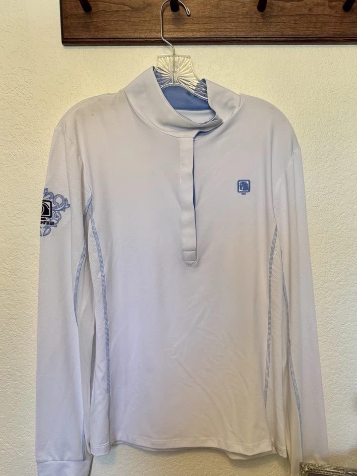 New With Tags. ROMFH Women’s Equestrian Competitor Show Shirt- White/Chambray - Image 1 of 4