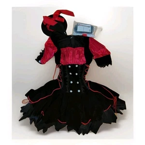 Black Red Corset Gothic Pirate Witch Costume Halloween Dress Sz S Fishnet Tights - Picture 1 of 6