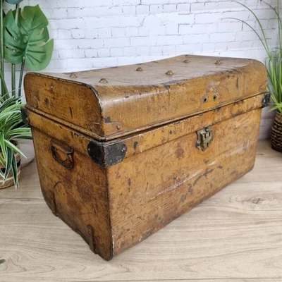 Retro Vintage Metal Steamer Trunk Chest Storage Box Rustic Industrial Studded - Image 1 of 4