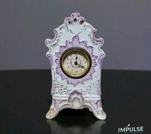 Antique Ansonia Royal Bonn Porcelain Mantle Clock Floral Purple Gold - Picture 1 of 6