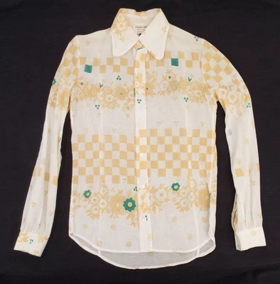VTG 1970 Ossie Clark MENS Cotton Button Shirt Celia Birtwell Checkerboard Floral - Image 1 of 4