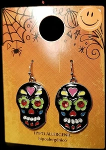 HALLOWEEN DAY OF THE DEAD FLOWER SKULL DANGLE EARRINGS Hypoallergenic Women Men - Picture 1 of 12