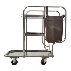 Stainless Steel 3 Shelf Janitor Cart With Cloth Bag Housekeeping Cart Hotel - Picture 1 of 12