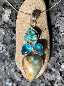  Large Sterling Silver Blue Turquoise, Topaz, & Labradorite Pendant and Chain