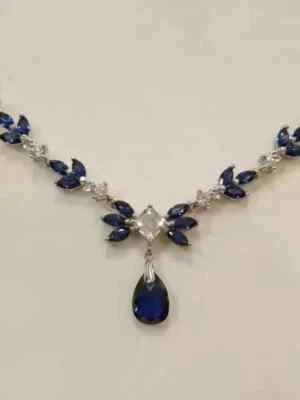 15Ct Pear Cut LabCreated Sapphire Women's Tennis Necklace 14k Wh Gold Plated 18" - Image 1 of 4