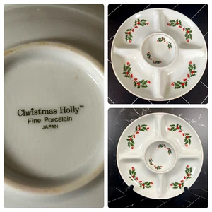 Vintage Christmas Holly Holiday 11" Red Green Holly Divided Dip & Chip Platter - Picture 1 of 4