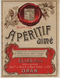 "APERITIF aimé / ELIAS Fils ORAN" Etiquette-chromo originale fin 1800 - Foto 1 di 1