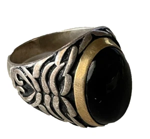 Silver Men Ring 925 Sterling Natural black stone Yemen Agate Aqeeq Obsidian 15.5 - Picture 1 of 8