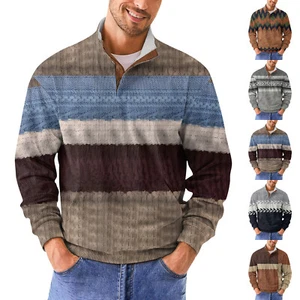 Mens 1/4 Button Sweatshirt Stand Collar Corduroy Sweaters Long Sleeves Tops - Picture 1 of 27