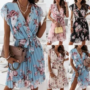 Womens Boho Floral Mini Dress Ladies Ruffle Wrap V Neck Summer Beach Sun Dresses - Picture 1 of 30