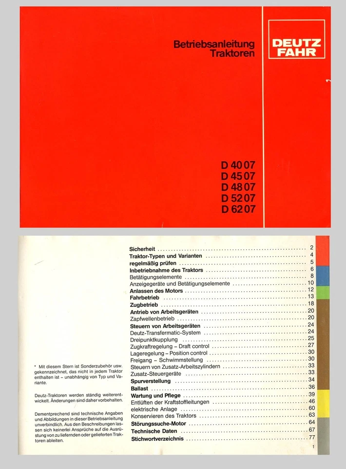  DEUTZ FAHR  D 6807   D 7207   D 7807  Betriebsanleitung Schleper  Original 1980 - Bild 1 von 1