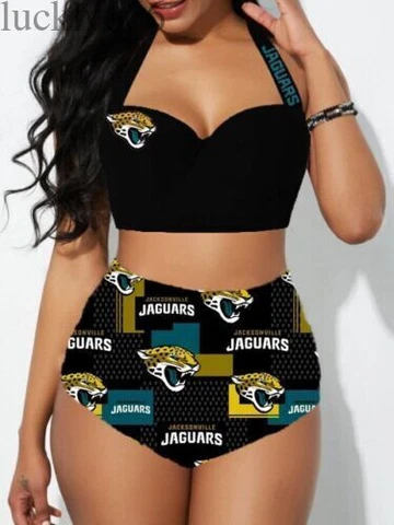 Jacksonville Jaguars Women's 2PCS Bikini Push Up Swimsuit Beach Halter Swimwear Cover