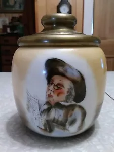 Antique Hand Painted Milk Glass Tobacco Jar with brass lid. - Picture 1 of 10