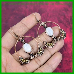 Rainbow Moonstone Gemstone Copper Dangling Hook Wire Wrapped Earrings Jewelry - Picture 1 of 6
