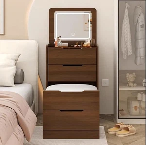 Vanity Desk Makeup Table Set Dressing Table w/ LED Lights & Mirror White/Walnut - Picture 1 of 7
