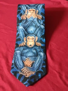 Democrat Crazy Herren Krawatte See No Evils Monkeys Blau Schwarz Polyester - Bild 1 von 9